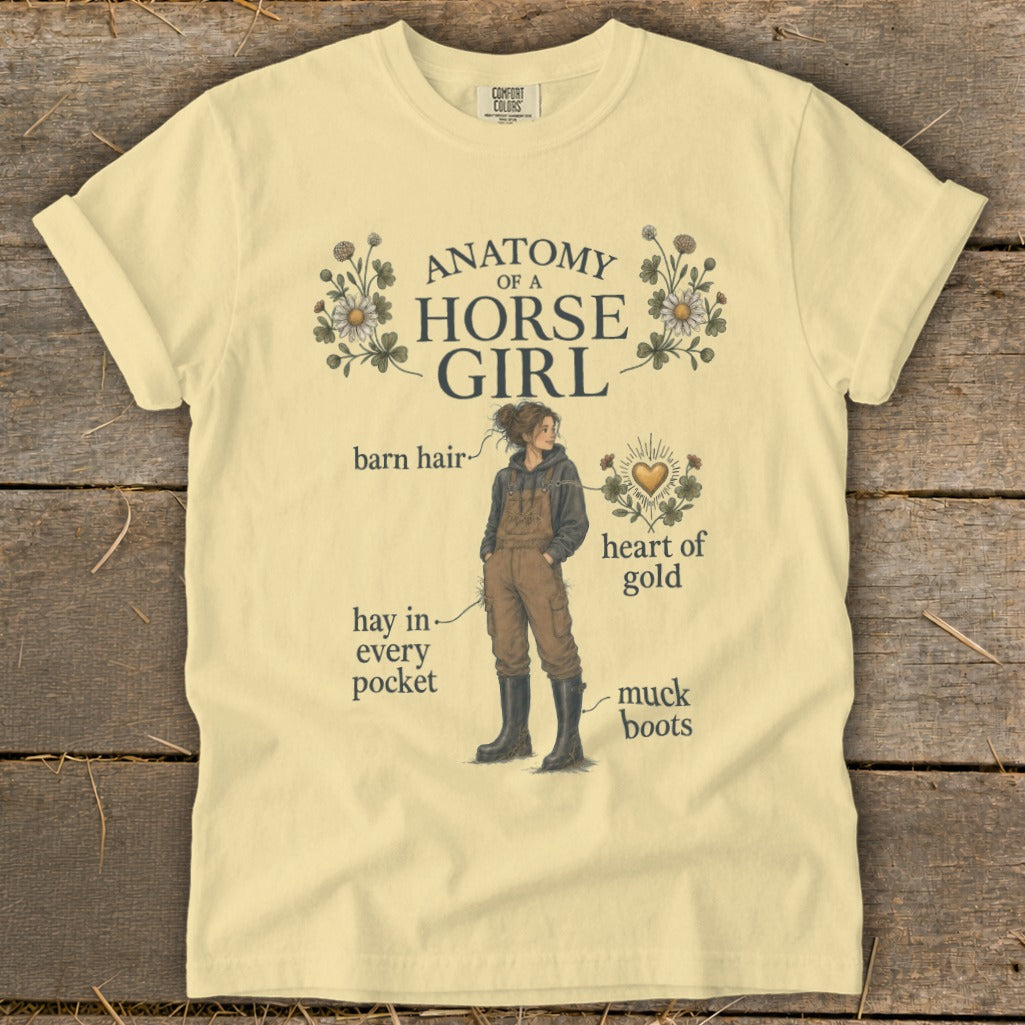 T-shirt with "Anatomy of a Horse Girl" illustration and text labels.