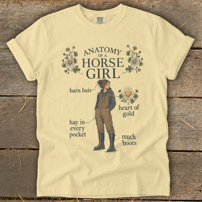 T-shirt with "Anatomy of a Horse Girl" illustration and text labels.