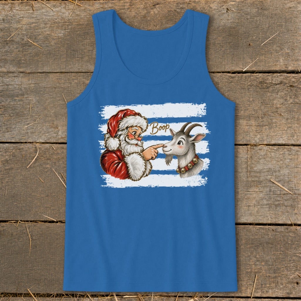 Santa booping a goat with the word "Boop" above them on a blue tank top.