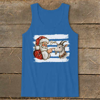 Santa booping a goat with the word "Boop" above them on a blue tank top.