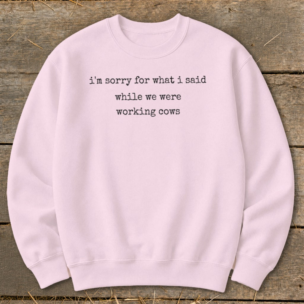 Pink sweatshirt with "I'm sorry for what I said while we were working cows" text.