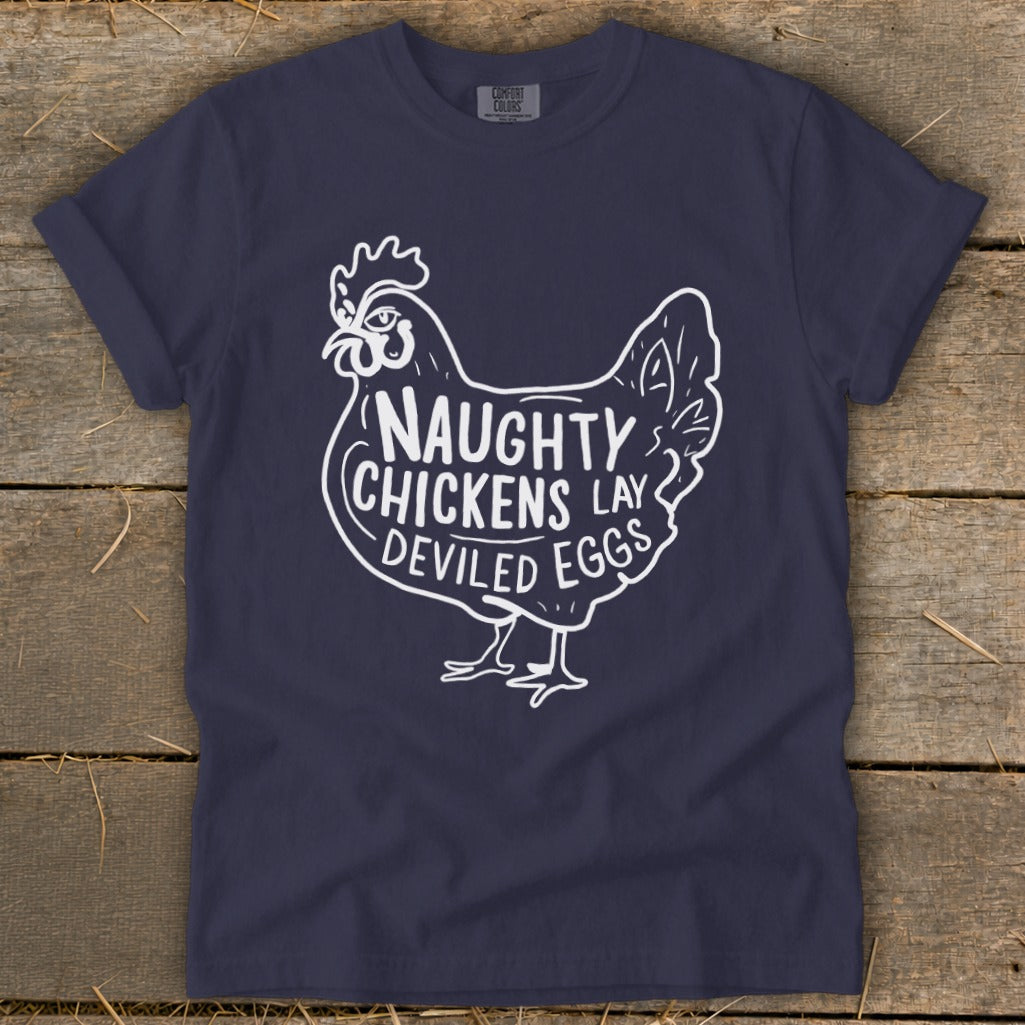 Navy t-shirt with white chicken graphic and text "NAUGHTY CHICKENS LAY DEVILED EGGS".