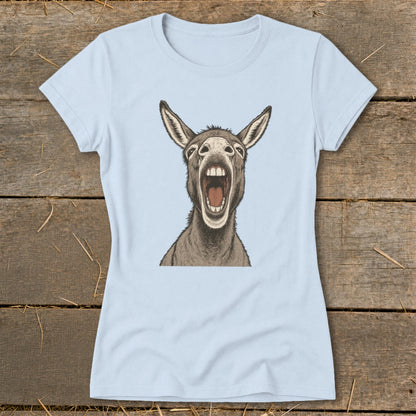 Light blue t-shirt with a detailed drawing of a donkey with its mouth wide open.