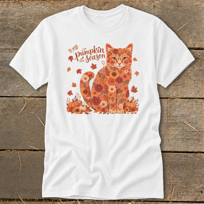 White t-shirt with a cat made of orange and red flowers and autumn leaves.