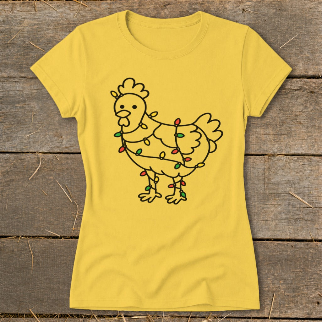 Yellow t-shirt with a black line drawing of a chicken wrapped in colorful Christmas lights.