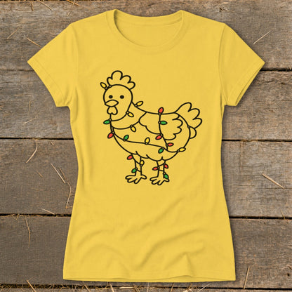 Yellow t-shirt with a black line drawing of a chicken wrapped in colorful Christmas lights.