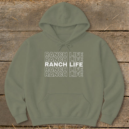 Olive green hoodie featuring repeated stacked white text that reads RANCH LIFE against a wooden background.