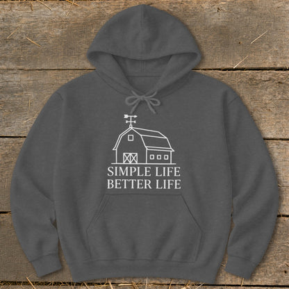 Gray hoodie with white barn graphic and text "Simple Life Better Life".