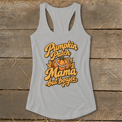 Gray tank top with "Pumpkin Patch Mama but boujee" text and pumpkin graphic.