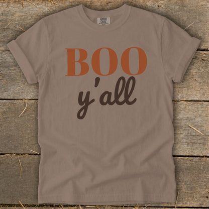 Brown t-shirt with "BOO y'all" text in orange and brown.