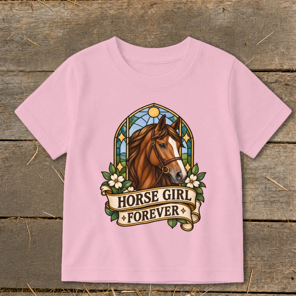 Pink t-shirt with a brown horse portrait in stained glass and "Horse Girl Forever" text.