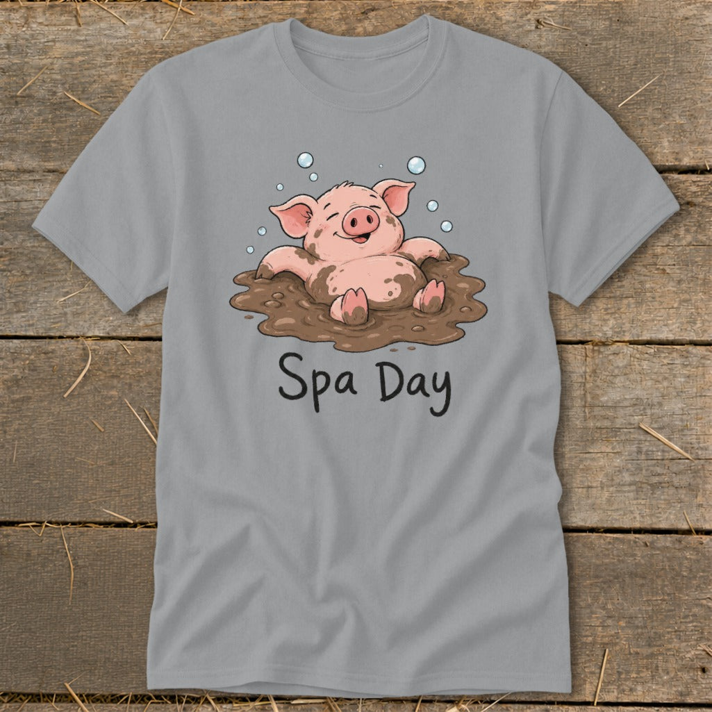 T-shirt with cartoon pig in mud bath and text "Spa Day".