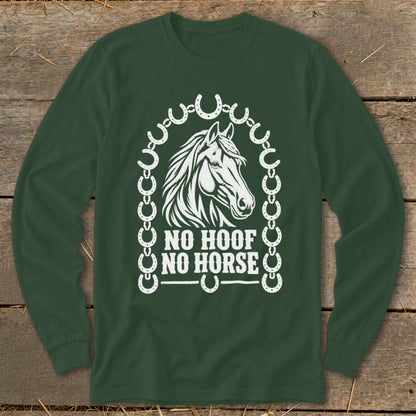 Dark green long sleeve shirt with white horse head graphic and "No Hoof No Horse" text.
