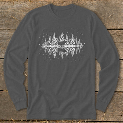 Long sleeve shirt with white forest and lake reflection graphic.