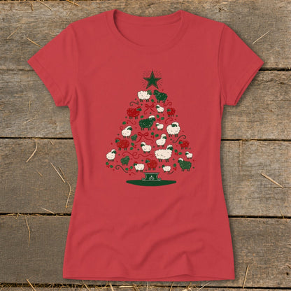 Red t-shirt with a Christmas tree made of sheep and holly leaves.