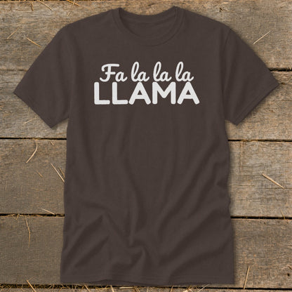 Brown t-shirt with white text "Fa la la la la LLAMA".