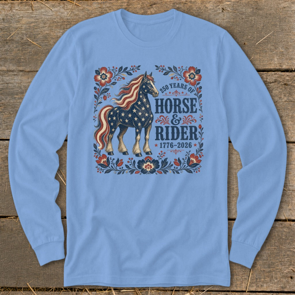 Light blue long-sleeve shirt with a patriotic horse and rider graphic.