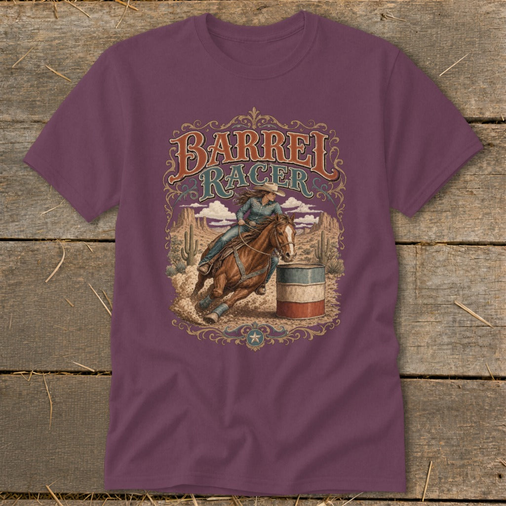 Barrel racer on a horse rounding a barrel in a desert landscape with "Barrel Racer" text.