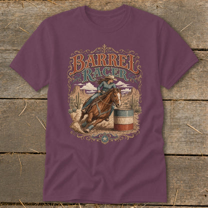 Barrel racer on a horse rounding a barrel in a desert landscape with "Barrel Racer" text.