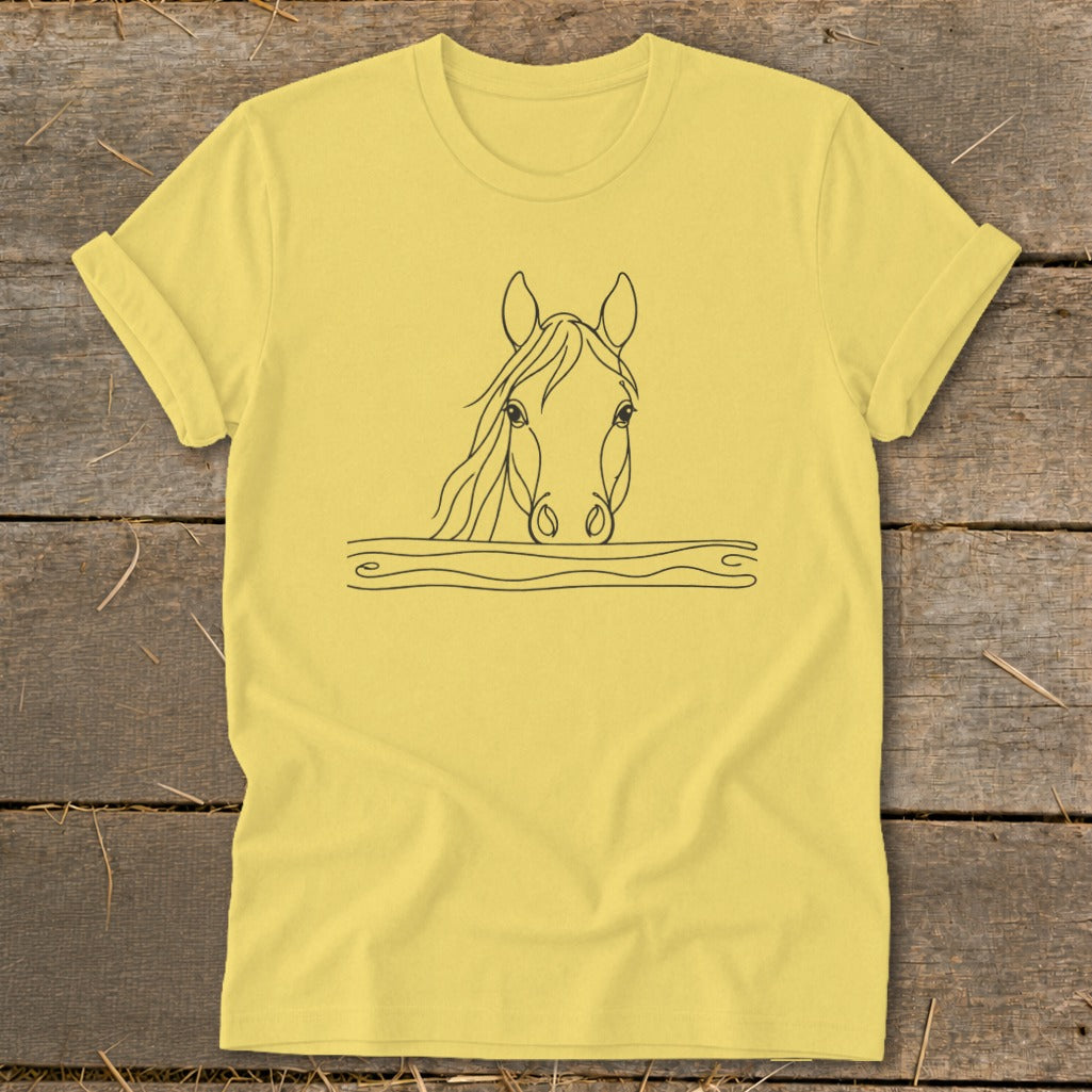 Yellow t-shirt with minimalist black line drawing of a horse's head above wavy lines.