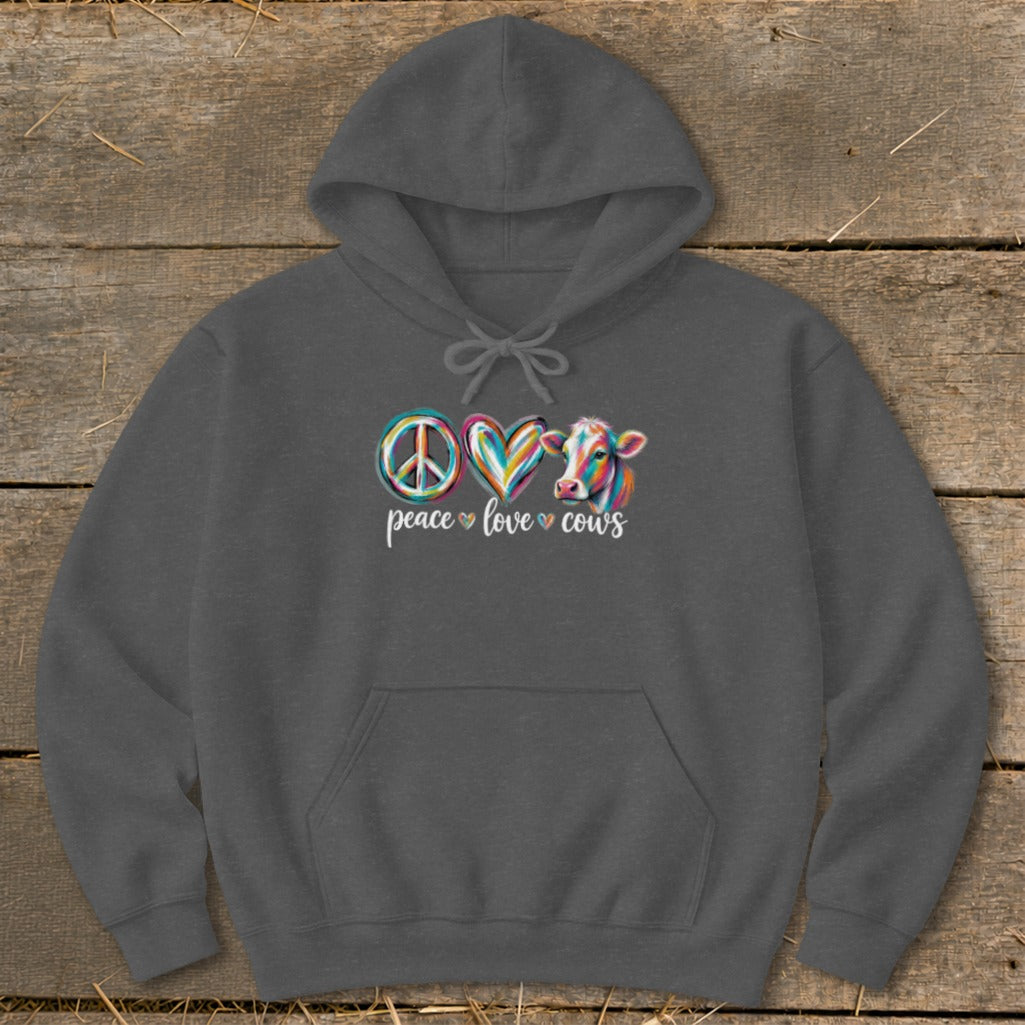 Gray hoodie with "Peace Love Cows" text and graphic art.