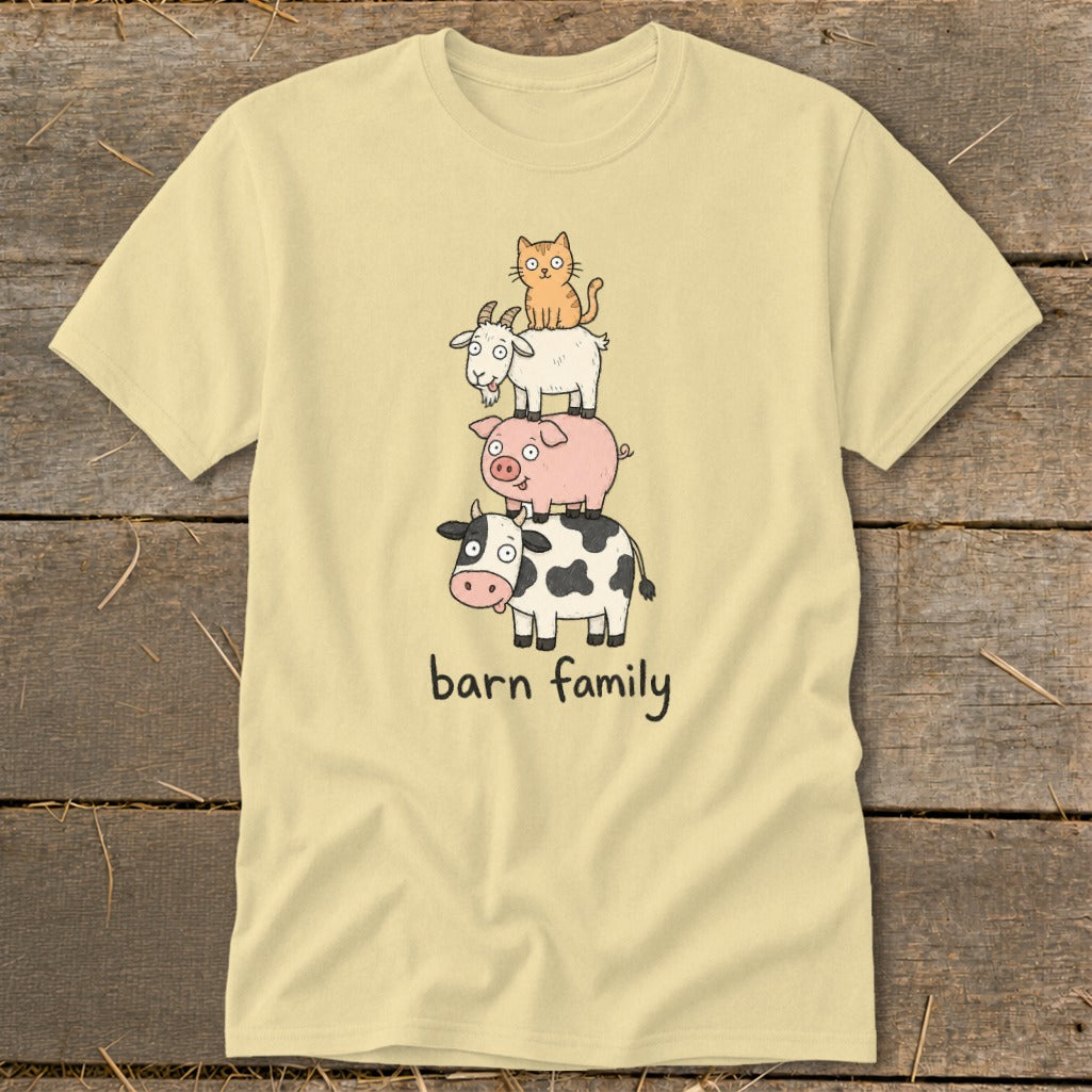 Cream t-shirt with stack of farm animals: cat, goat, pig, cow. Text reads "barn family."
