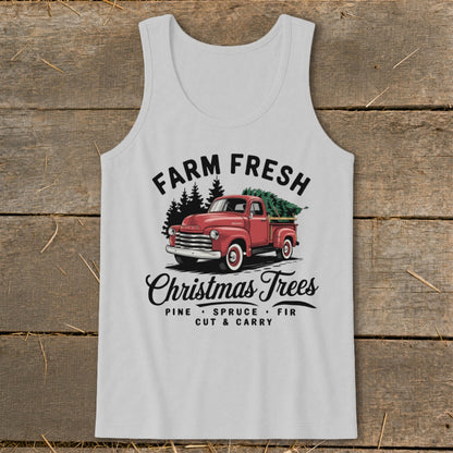 Farm Fresh Christmas Trees graphic on a light gray tank top with red truck.