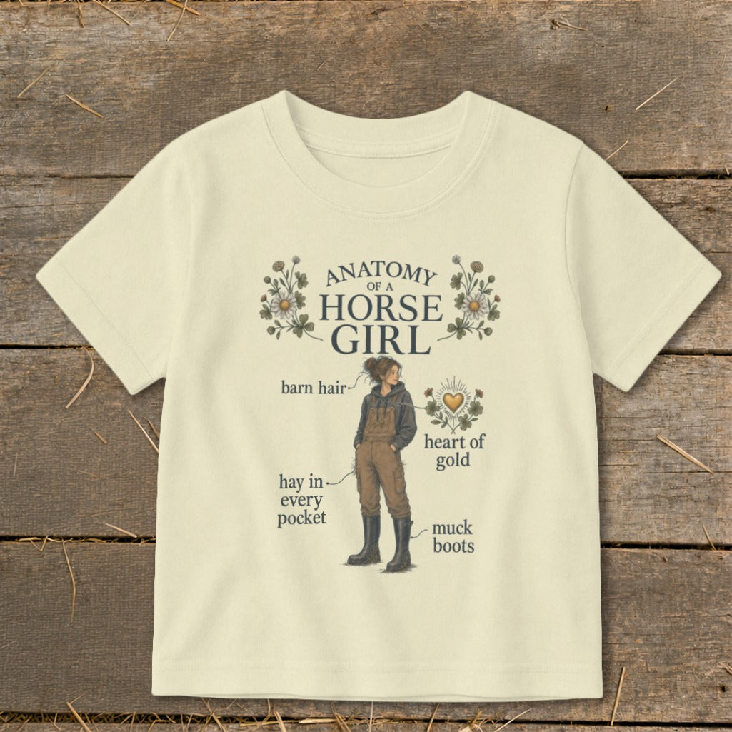 Cream t-shirt with "Anatomy of a Horse Girl" graphic, featuring a girl with labels.