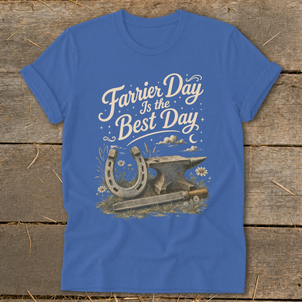 Blue t-shirt with "Farrier Day Is the Best Day" graphic and anvil, horseshoe, and file.