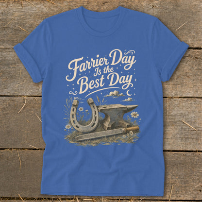 Blue t-shirt with "Farrier Day Is the Best Day" graphic and anvil, horseshoe, and file.