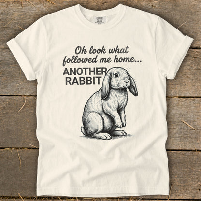 Cream t-shirt with a sketch of a lop-eared rabbit and text "Oh look what followed me home... ANOTHER RABBIT".
