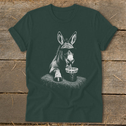 Donkey wearing sunglasses drinks from a cup, graphic on dark green t-shirt.