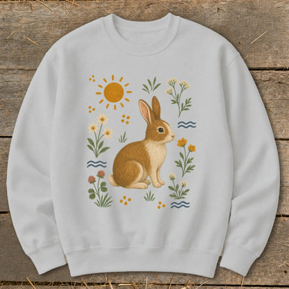 Light grey sweatshirt with a brown rabbit and floral illustration.