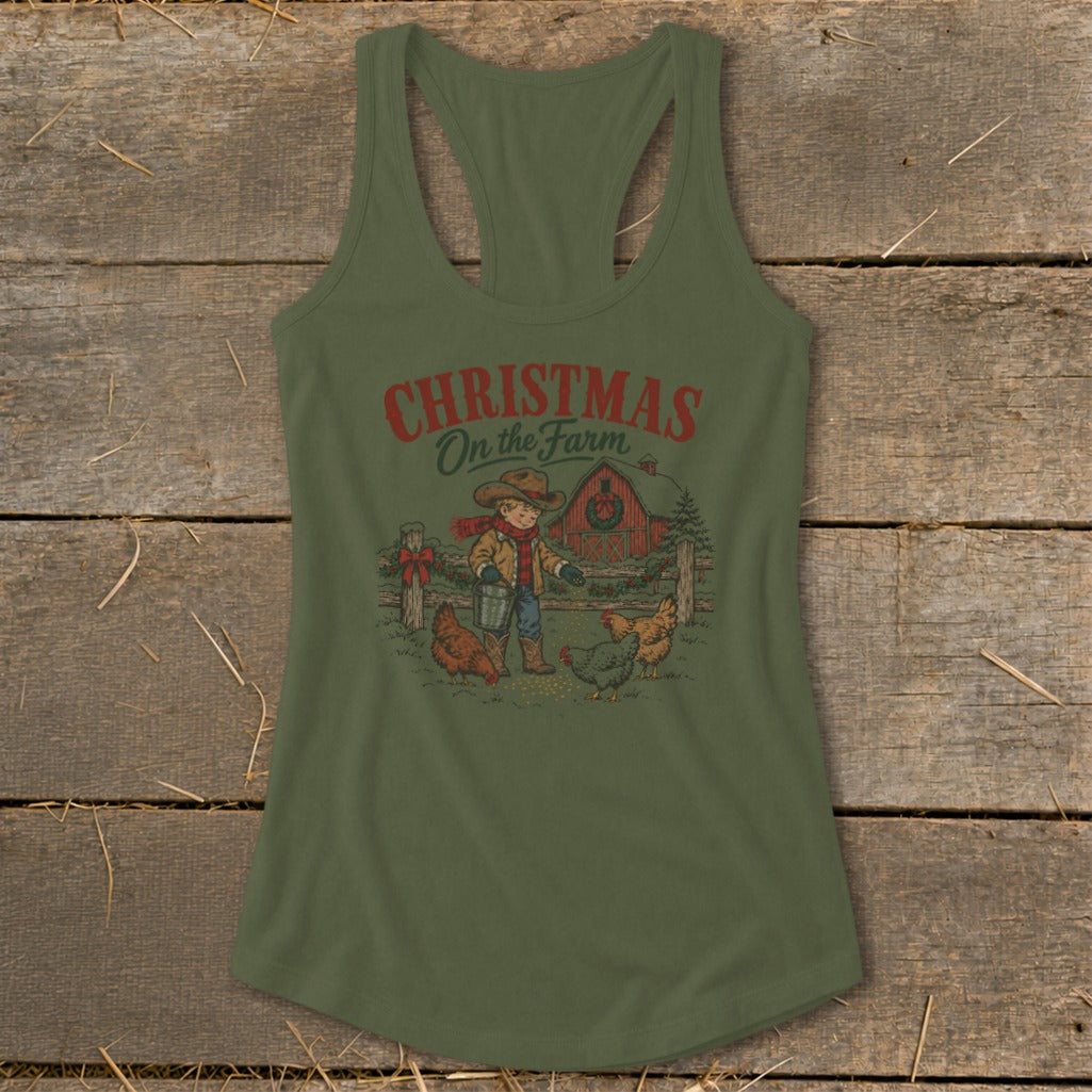 Green tank top with "Christmas on the Farm" text and farm scene illustration.