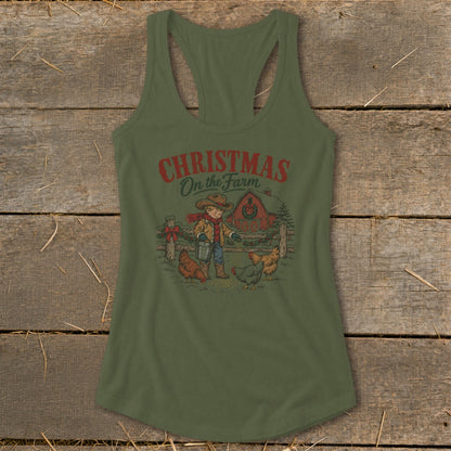 Green tank top with "Christmas on the Farm" text and farm scene illustration.