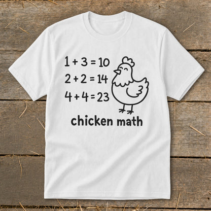 White t-shirt with funny chicken math equations and a cartoon chicken graphic.