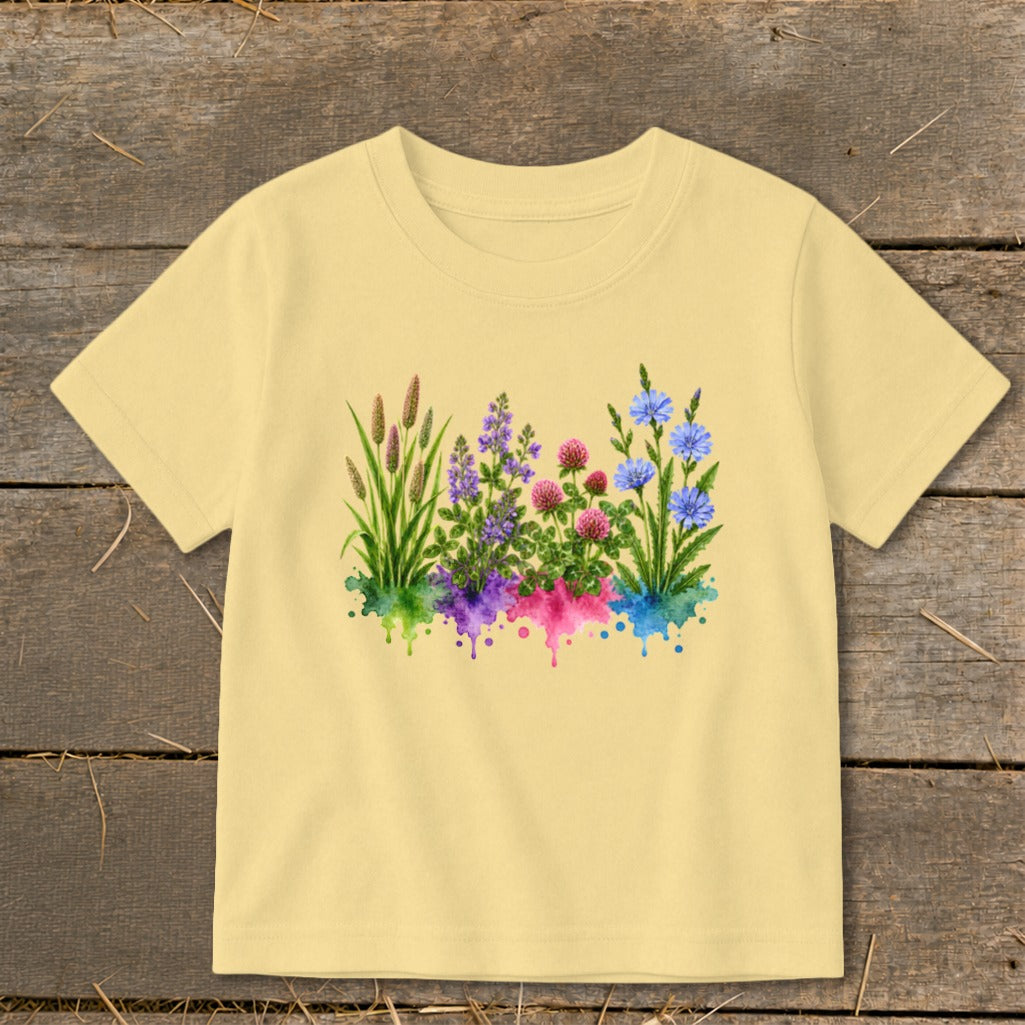 A yellow crew neck t-shirt featuring a watercolor graphic of wildflowers and grasses.