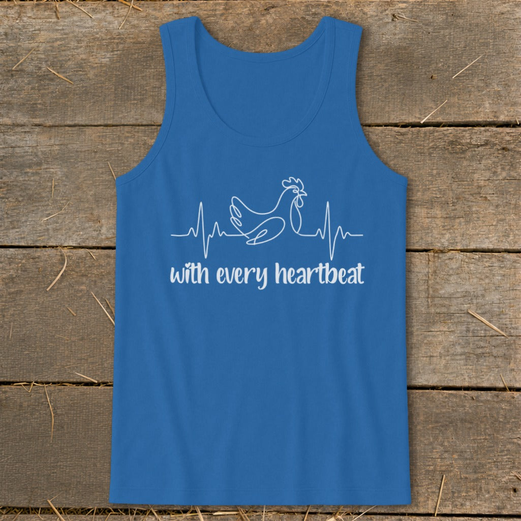 Blue tank top with white chicken heartbeat graphic and text "with every heartbeat".