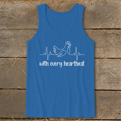 Blue tank top with white chicken heartbeat graphic and text "with every heartbeat".