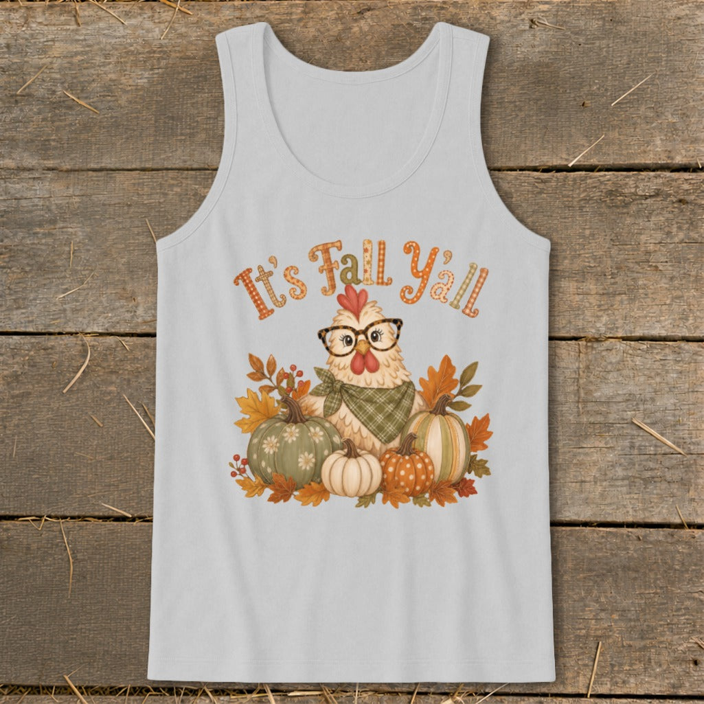 Chicken with glasses and bandana surrounded by pumpkins and autumn leaves with text "It's Fall Yall".