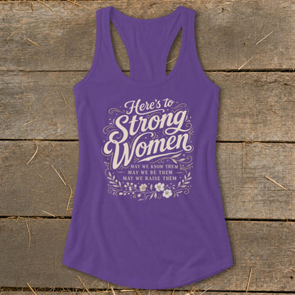 Purple tank top with "Here's to Strong Women" text and floral design.