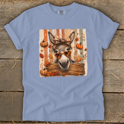 Donkey wearing heart sunglasses and plaid bow with pumpkins and autumn leaves.