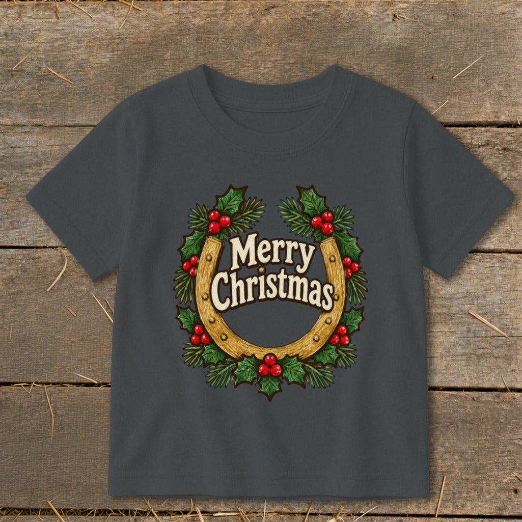 Gray t-shirt with a horseshoe wreath and "Merry Christmas" text.
