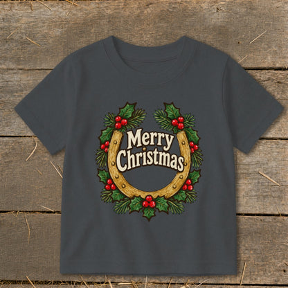 Gray t-shirt with a horseshoe wreath and "Merry Christmas" text.