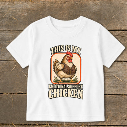 White t-shirt with a chicken graphic and text "This is my emotional support chicken."