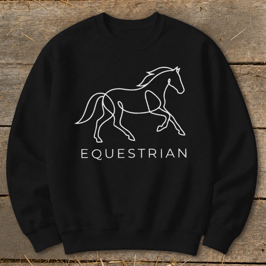 Black crewneck sweatshirt with white line art of a running horse and "EQUESTRIAN" text.