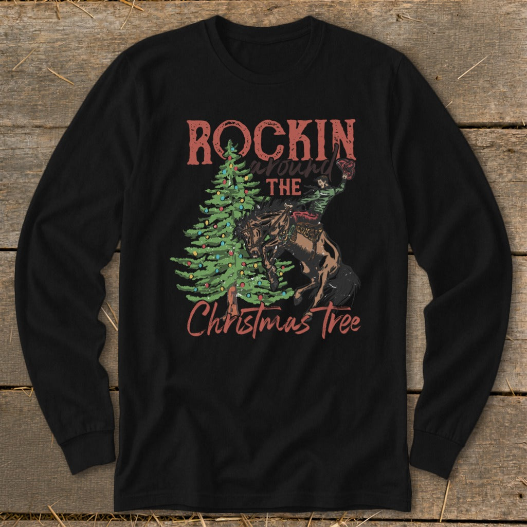 Long sleeve black t-shirt with "Rockin' Around The Christmas Tree" text and cowboy on bucking bronco.