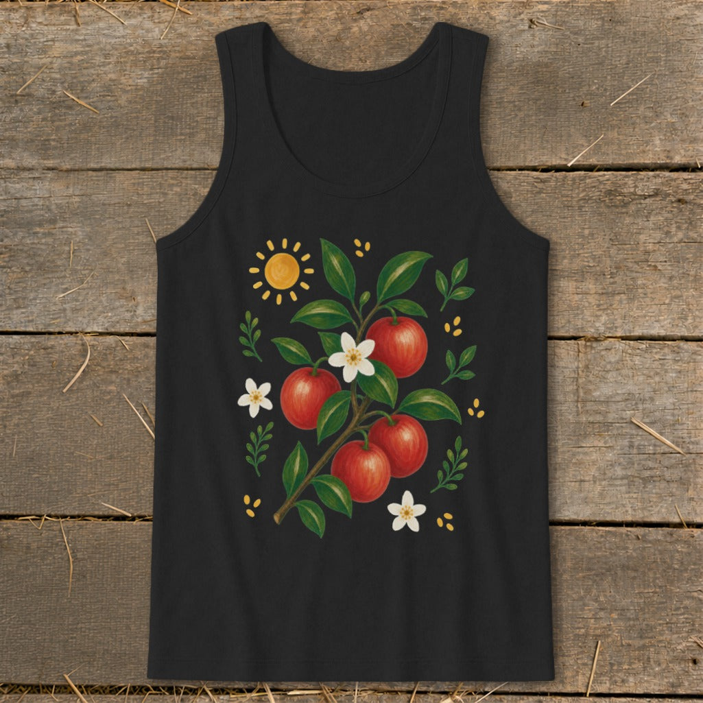 Black tank top with a watercolor illustration of red apples and white blossoms on a branch.