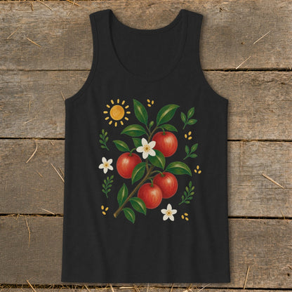 Black tank top with a watercolor illustration of red apples and white blossoms on a branch.