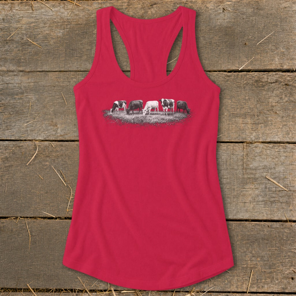 Red tank top with a graphic of five cows grazing in a field.